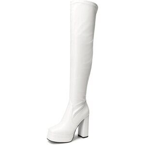 Women's White Polyurethane (PU) Square Toe Over The Knee Thigh High Long Boots